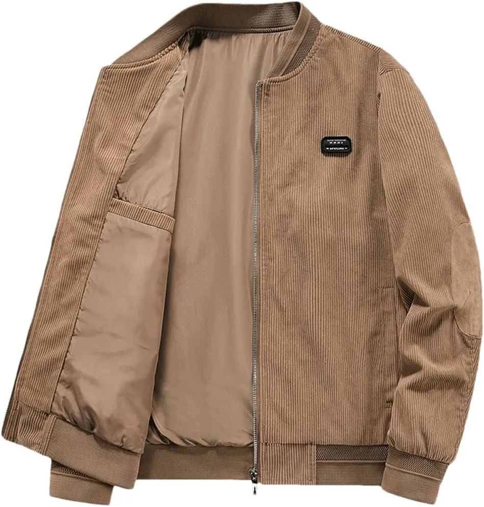 Disimlarl Men Zipper Corduroy Windbreaker Jackets Casual Thin Lightweight Workwear Coat Stand Collar Outerwear Coat