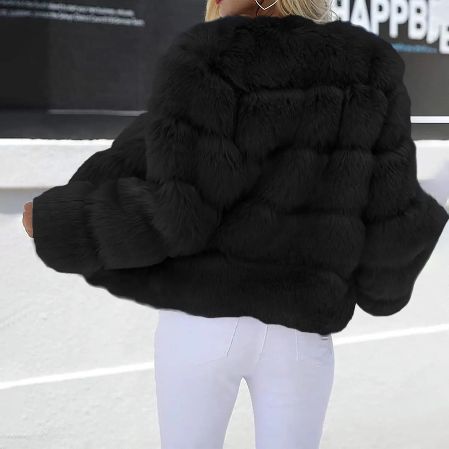 GOKKILRW Womens Cropped Jackets Faux Fur Long Sleeve Open Front Cardigans Soft Shaggy Coats Warm Outwear Stylish Party Outfit