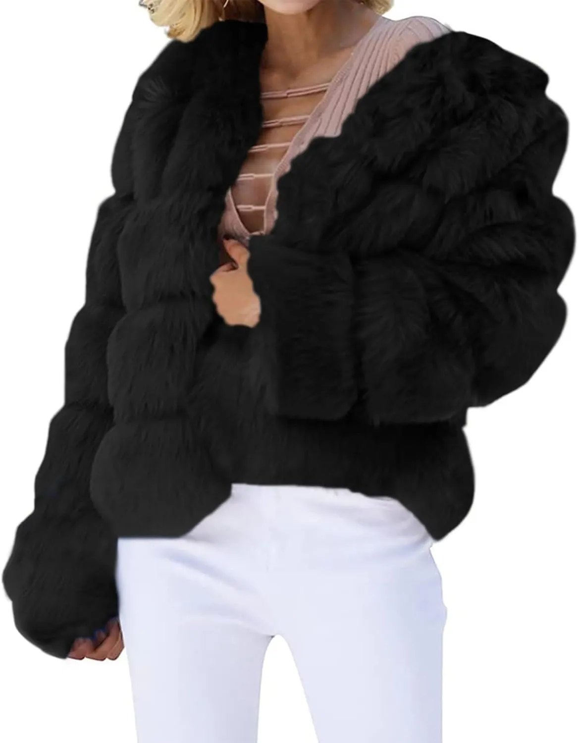GOKKILRW Womens Cropped Jackets Faux Fur Long Sleeve Open Front Cardigans Soft Shaggy Coats Warm Outwear Stylish Party Outfit