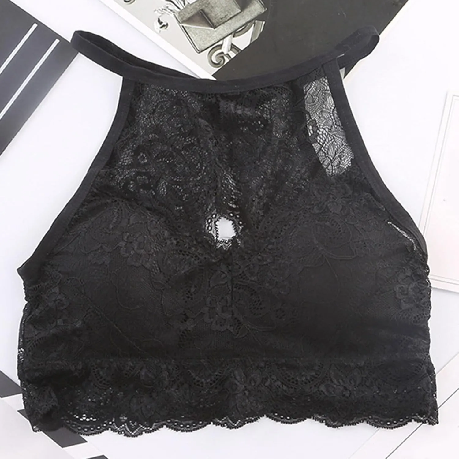 High Neck Bralette for Womens Hollow Out Lace Floral Bra Padded Push Up Sexy Crop Top Vest Bra Stretch Workout Bra