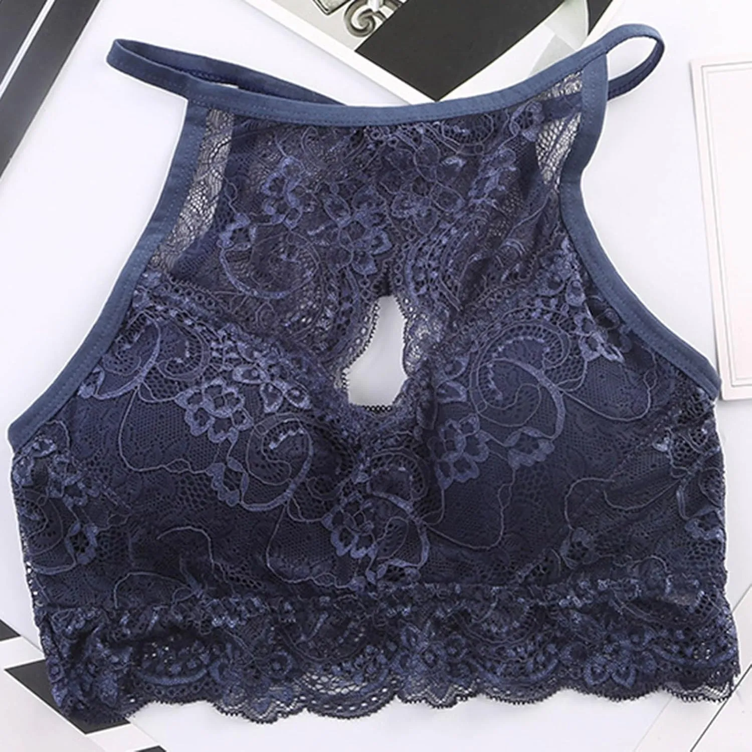 High Neck Bralette for Womens Hollow Out Lace Floral Bra Padded Push Up Sexy Crop Top Vest Bra Stretch Workout Bra