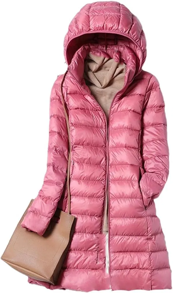 JNKIHAPOT Womens Winter Fashion Slim Remove Hooded Parka Outerwear Down Jackets Long Light Thin Coat Puffer Jacket