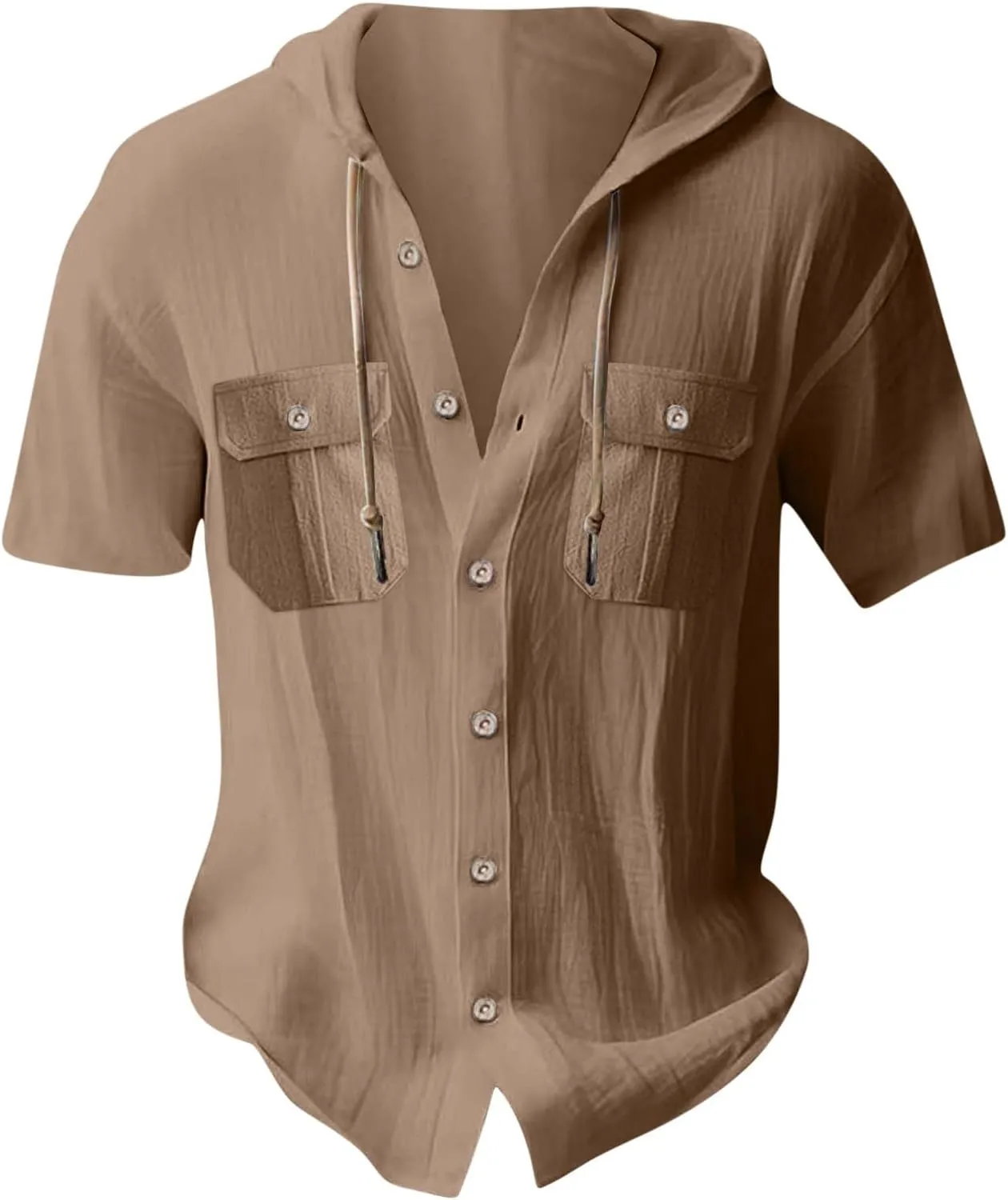 Men's Hooded Cardigan Fashion Sports Casual Solid Color Loose Short Sleeved Mens Shirt Button Down Soft Hooded Top