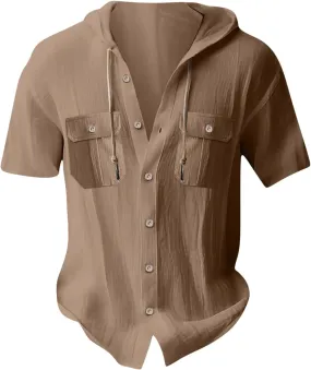 Men's Hooded Cardigan Fashion Sports Casual Solid Color Loose Short Sleeved Mens Shirt Button Down Soft Hooded Top