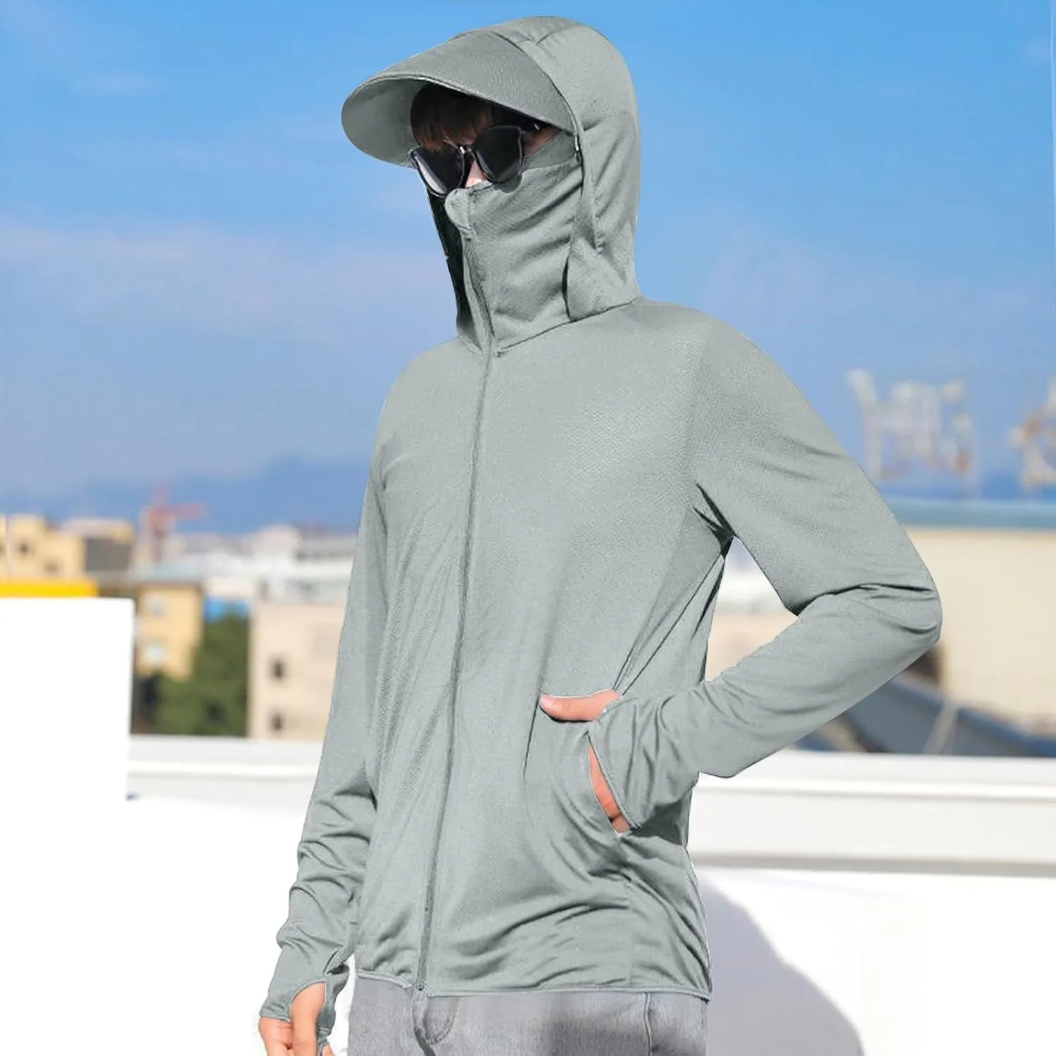 Men's UPF 50  Light Jacket Full Zip Sun Protection Hoodie Long Sleeve Sun Shirts UV Fishing Hiking Athletic Running