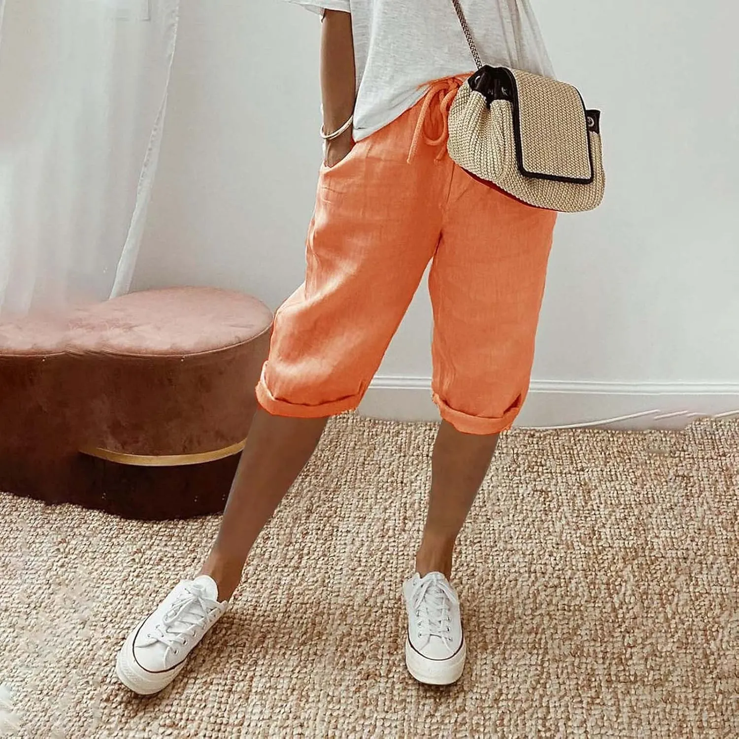 Summer Shorts for Women Elastic Waist Knee Length Bermuda Shorts Casual Loose Loose Comfy Capris Hiking Pants
