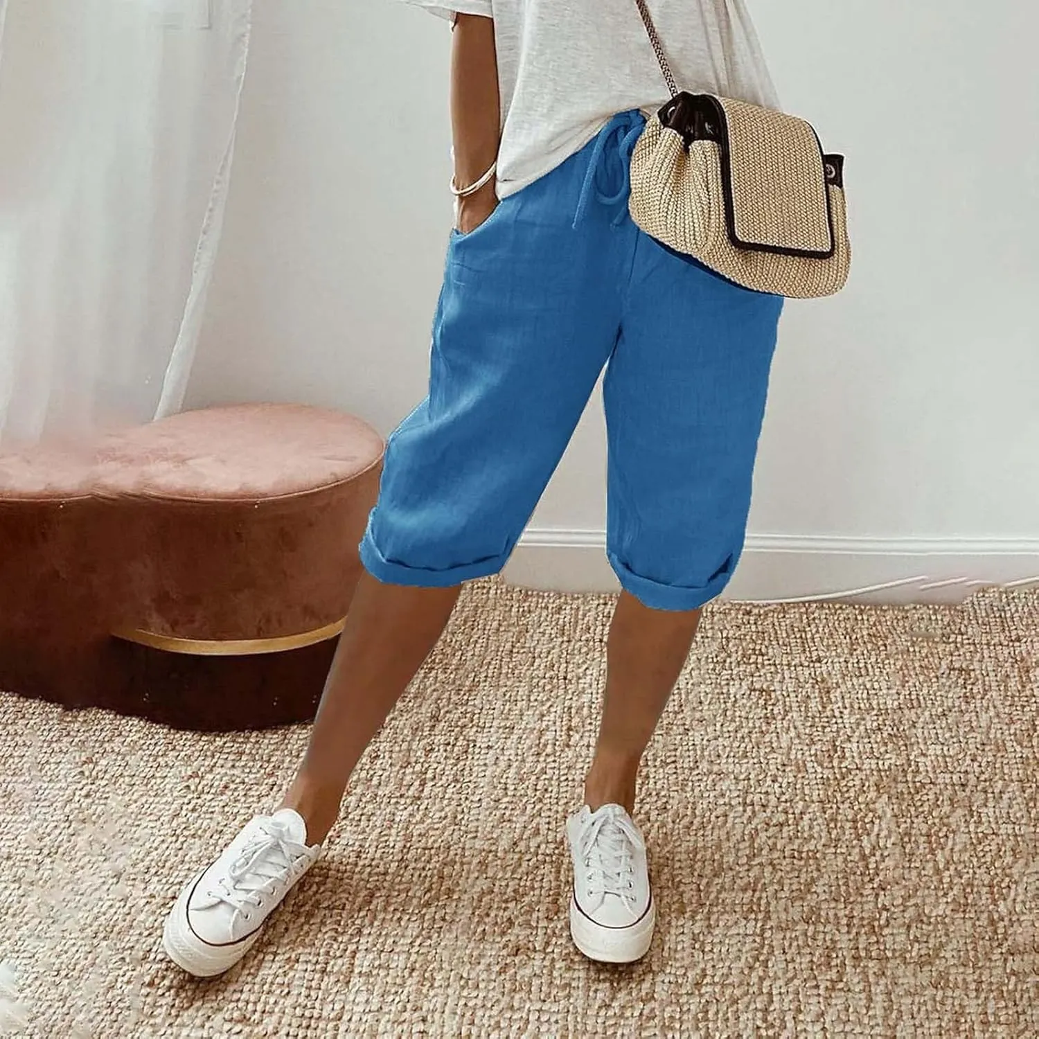 Summer Shorts for Women Elastic Waist Knee Length Bermuda Shorts Casual Loose Loose Comfy Capris Hiking Pants