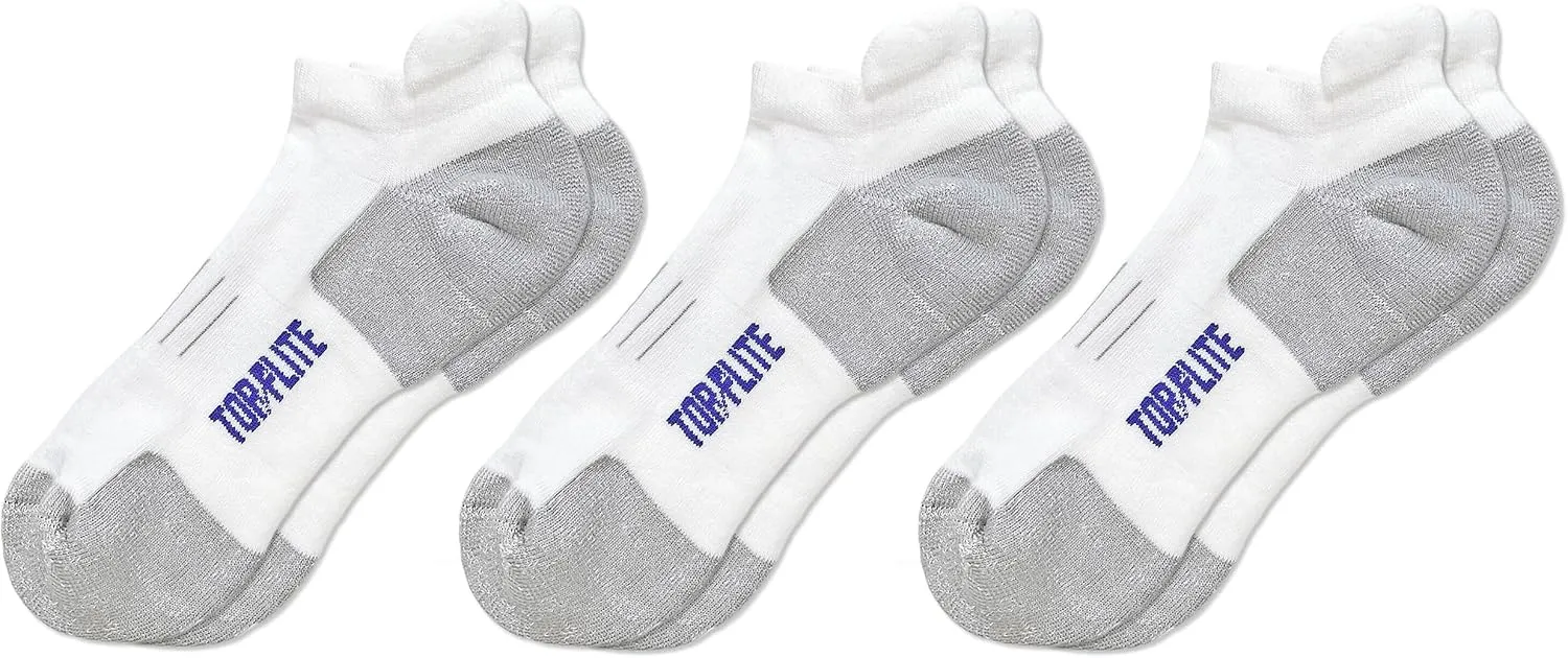 Top Flite Men's Coolmax Seamless Sport Comfort Tab Low Cut Socks 3 Pair Pack, White/Grey, Large