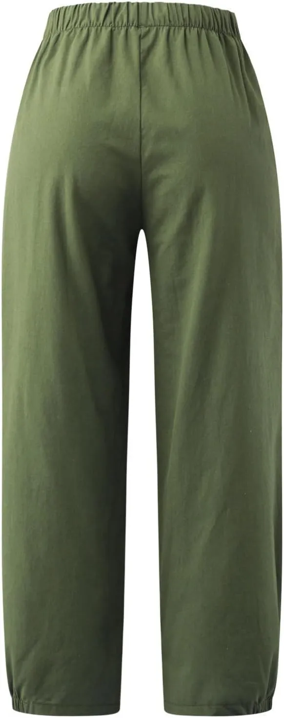 Women Capri Jeans High Waisted 2025 Spring Fashion Loose Pants Cropped Trousers Quick Dry Active Pockets Drawstring