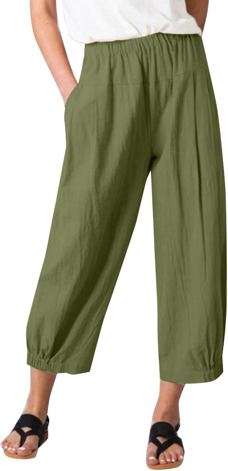 Women Capri Jeans High Waisted 2025 Spring Fashion Loose Pants Cropped Trousers Quick Dry Active Pockets Drawstring