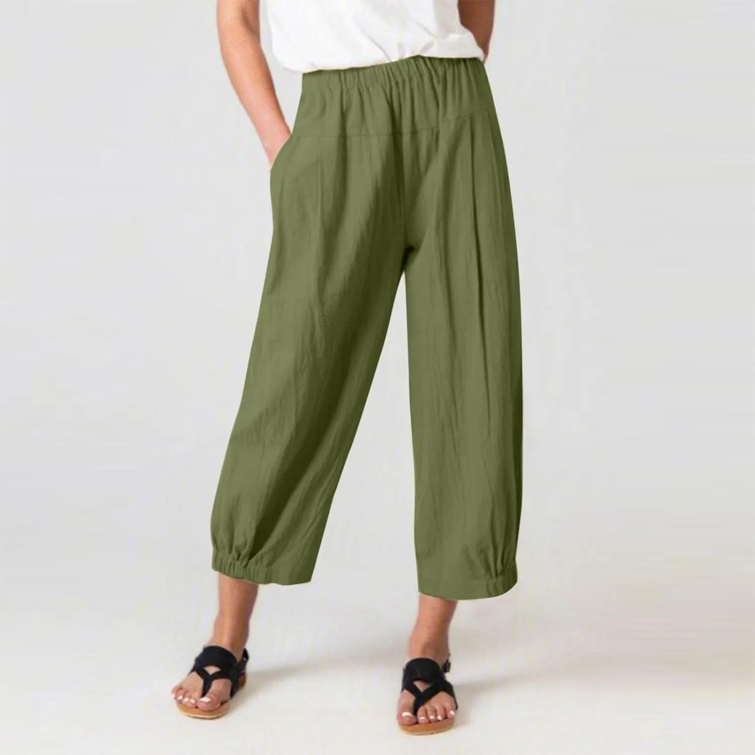 Women Capri Jeans High Waisted 2025 Spring Fashion Loose Pants Cropped Trousers Quick Dry Active Pockets Drawstring
