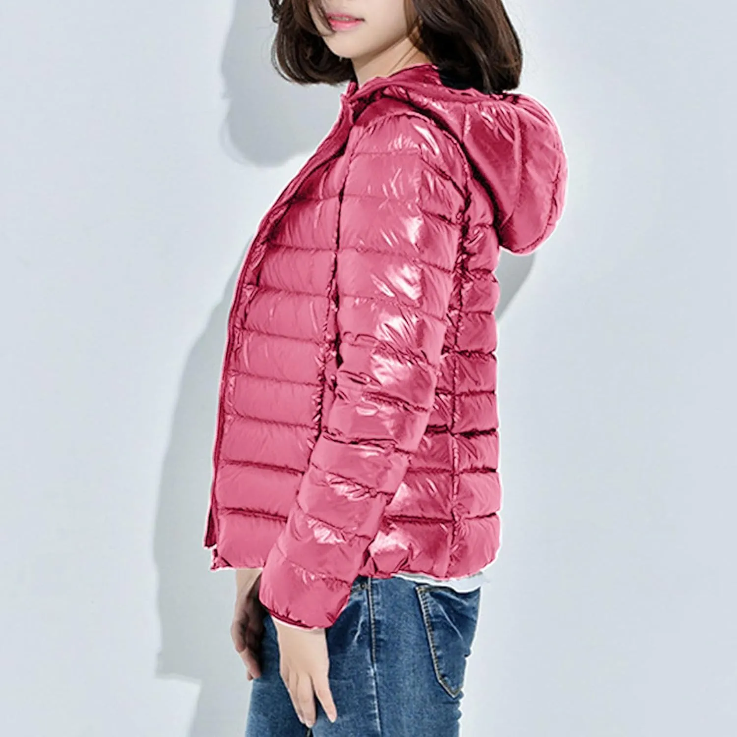 Women Lightweight Puffer Jacket with Hood Winter Fall Full Zip Slim Fit Coat Outwear Short Parka Jackets,Thin