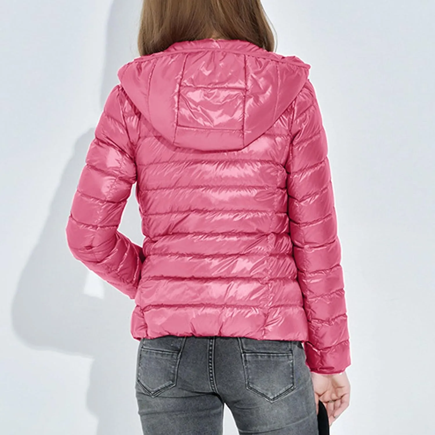 Women Lightweight Puffer Jacket with Hood Winter Fall Full Zip Slim Fit Coat Outwear Short Parka Jackets,Thin