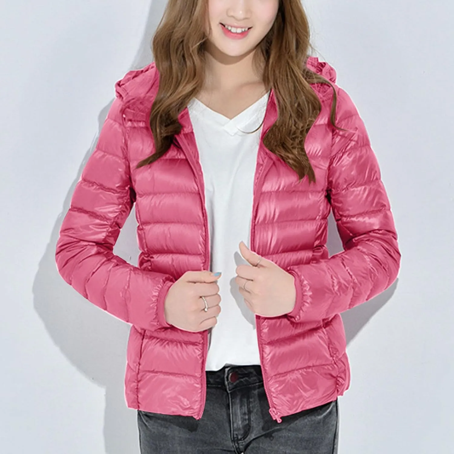 Women Lightweight Puffer Jacket with Hood Winter Fall Full Zip Slim Fit Coat Outwear Short Parka Jackets,Thin