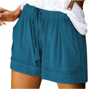 Women's Casual Elastic Waist Shorts Summer Comfy Drawstring Short Pants Lightweight Solid Color Shorts with Pockets