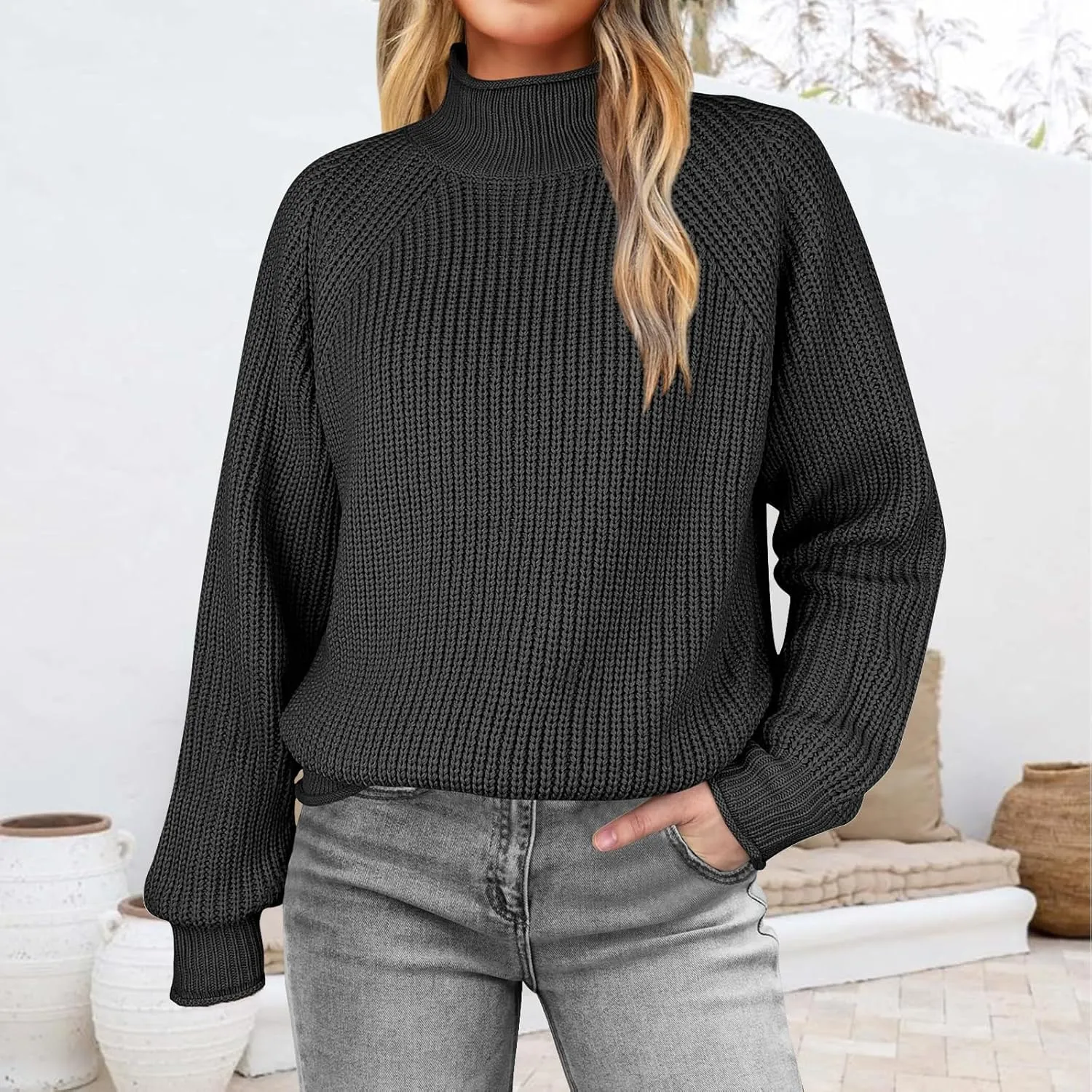 Womens Turtleneck Oversized Sweaters Long Sleeve Pullover Ribbed Knit Jumper Casual Soft Sweater Tops