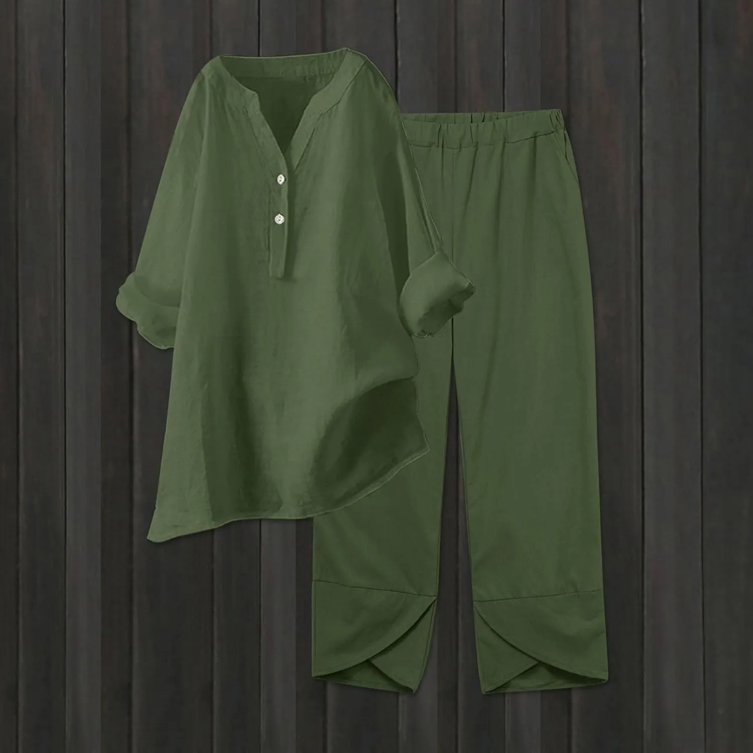 Women's Two Piece Sets Cotton Linen 2 Peice Outfits Solid Color Loose Casual Suit Long Sleeve Shirts Loose Pants