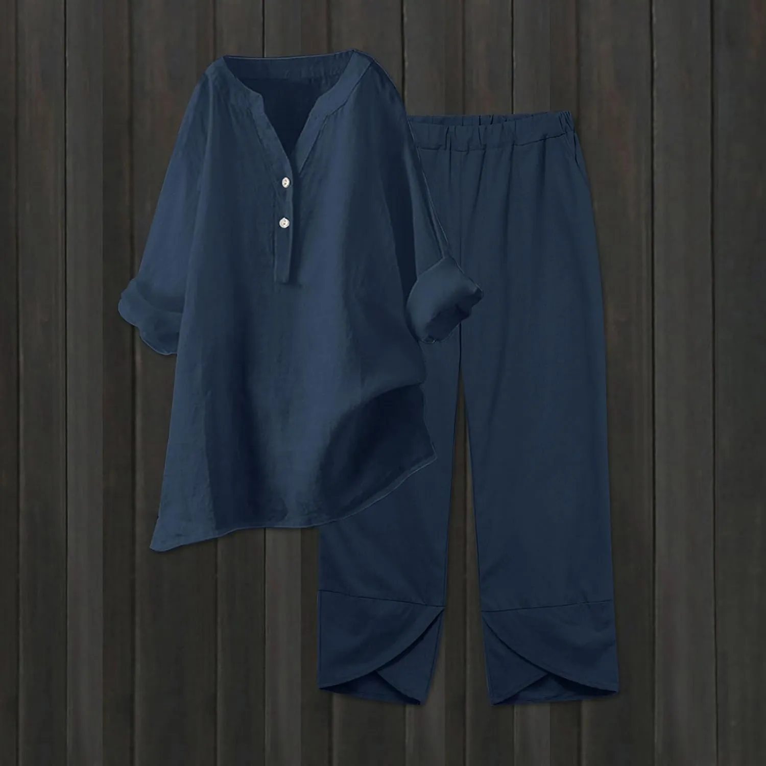 Women's Two Piece Sets Cotton Linen 2 Peice Outfits Solid Color Loose Casual Suit Long Sleeve Shirts Loose Pants