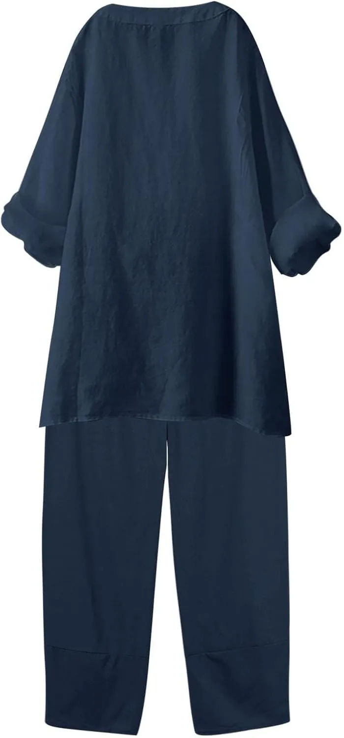 Women's Two Piece Sets Cotton Linen 2 Peice Outfits Solid Color Loose Casual Suit Long Sleeve Shirts Loose Pants