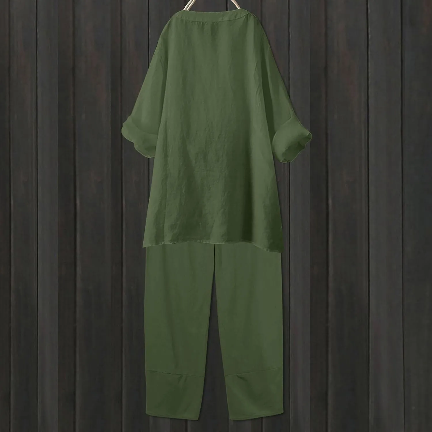 Women's Two Piece Sets Cotton Linen 2 Peice Outfits Solid Color Loose Casual Suit Long Sleeve Shirts Loose Pants