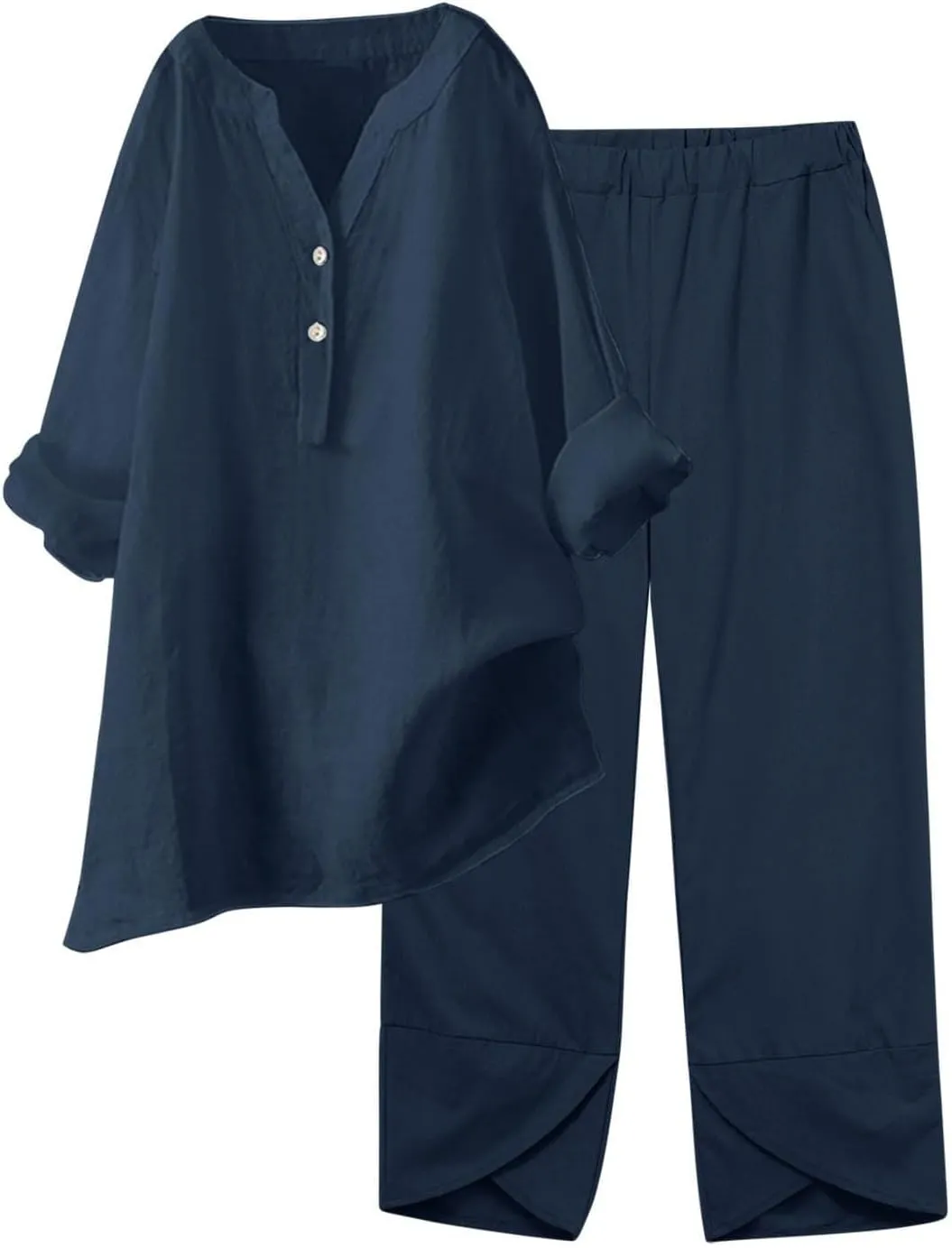 Women's Two Piece Sets Cotton Linen 2 Peice Outfits Solid Color Loose Casual Suit Long Sleeve Shirts Loose Pants