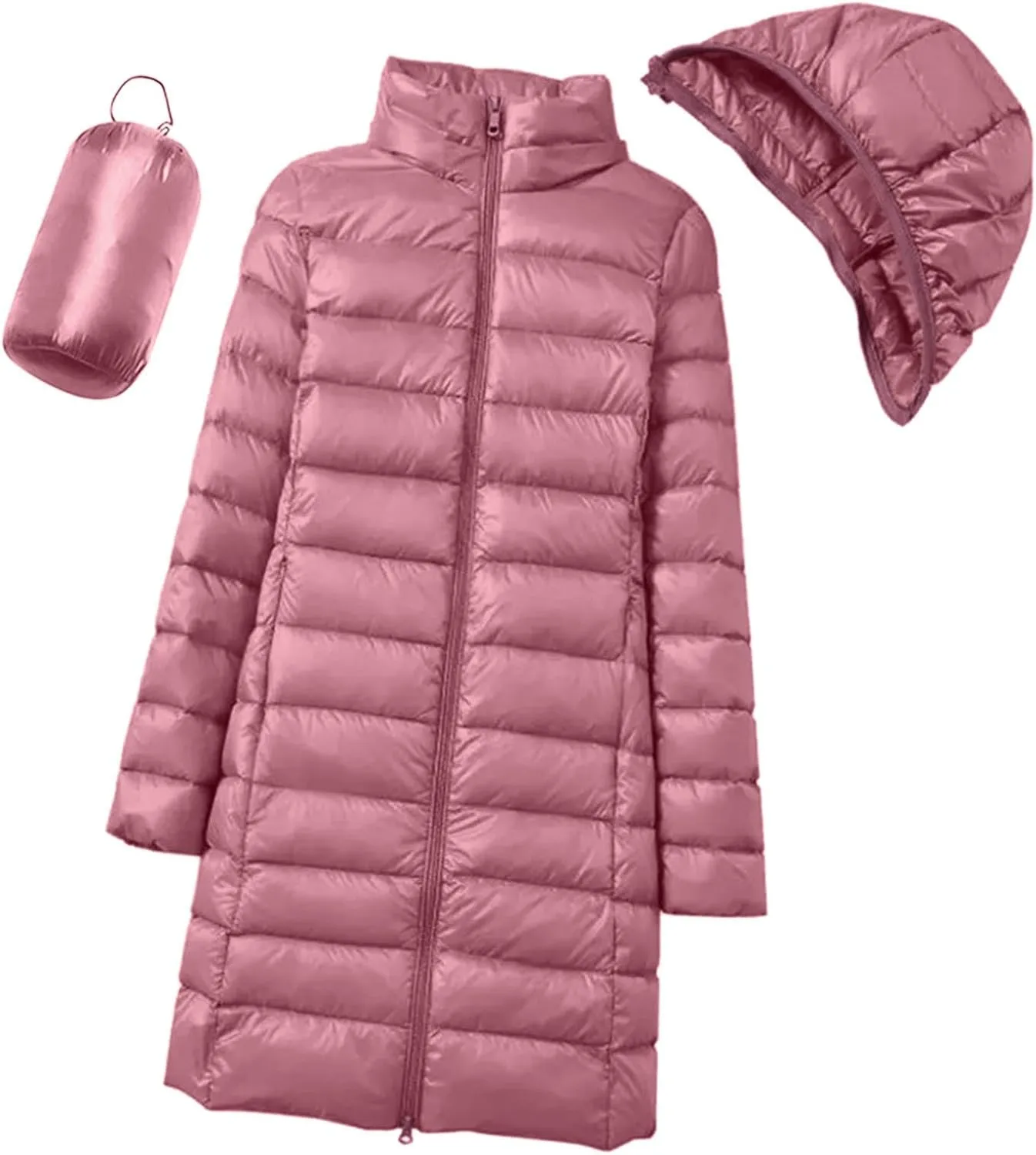 Womens Winter Casual Solid Length Quilted Puffer Coat Long Sleeve Removable Hood Down Coat Warm Fitted Soft Overcoat