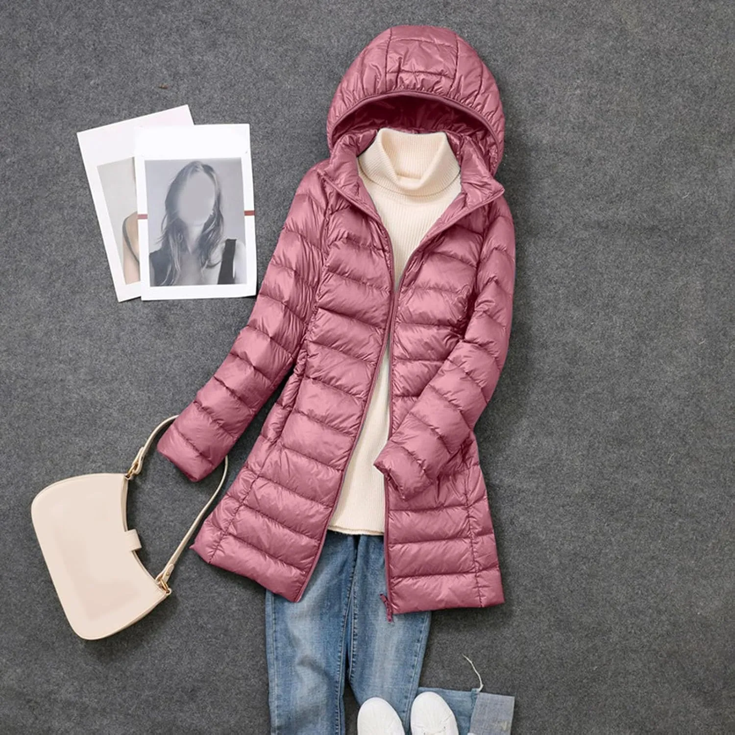 Womens Winter Casual Solid Length Quilted Puffer Coat Long Sleeve Removable Hood Down Coat Warm Fitted Soft Overcoat