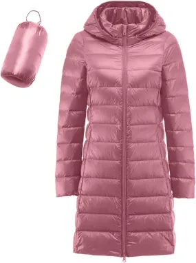 Womens Winter Casual Solid Length Quilted Puffer Coat Long Sleeve Removable Hood Down Coat Warm Fitted Soft Overcoat