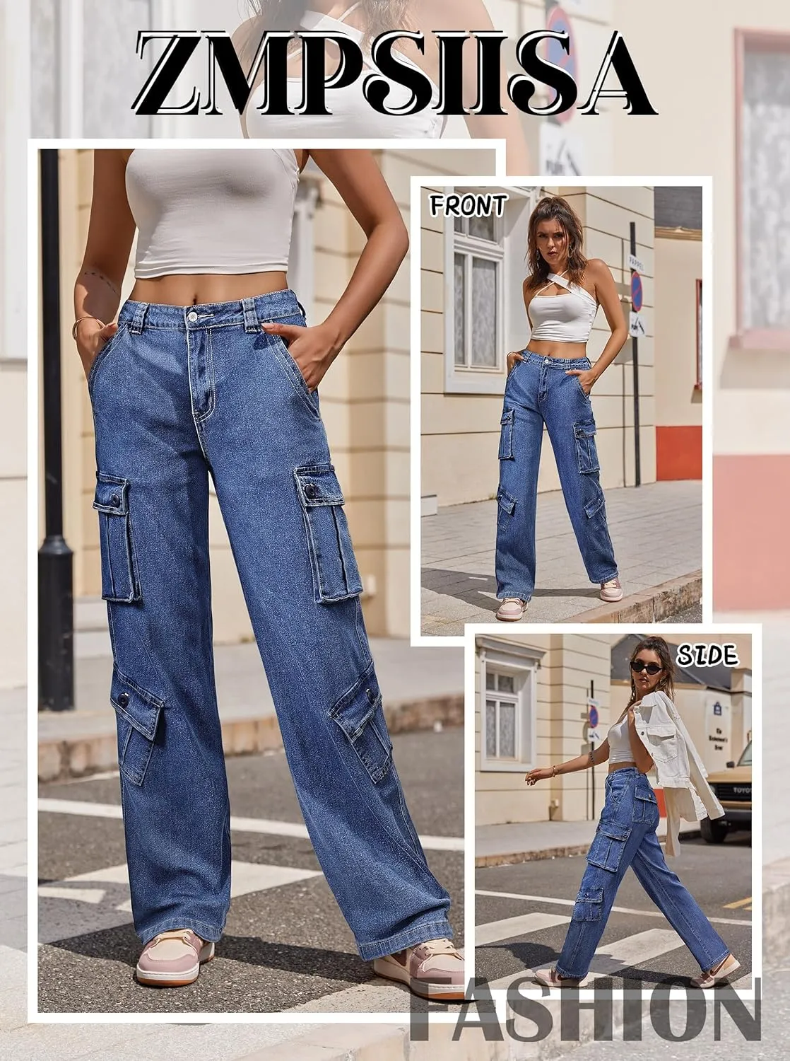 ZMPSIISA Women Pants High Waisted Cargo Pants Combat Military Wide Leg Casual Trousers 8 Pockets