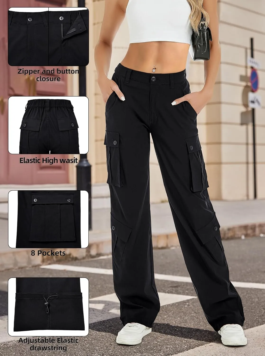 ZMPSIISA Women Pants High Waisted Cargo Pants Combat Military Wide Leg Casual Trousers 8 Pockets
