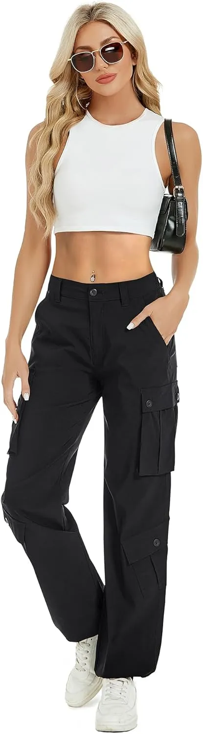 ZMPSIISA Women Pants High Waisted Cargo Pants Combat Military Wide Leg Casual Trousers 8 Pockets