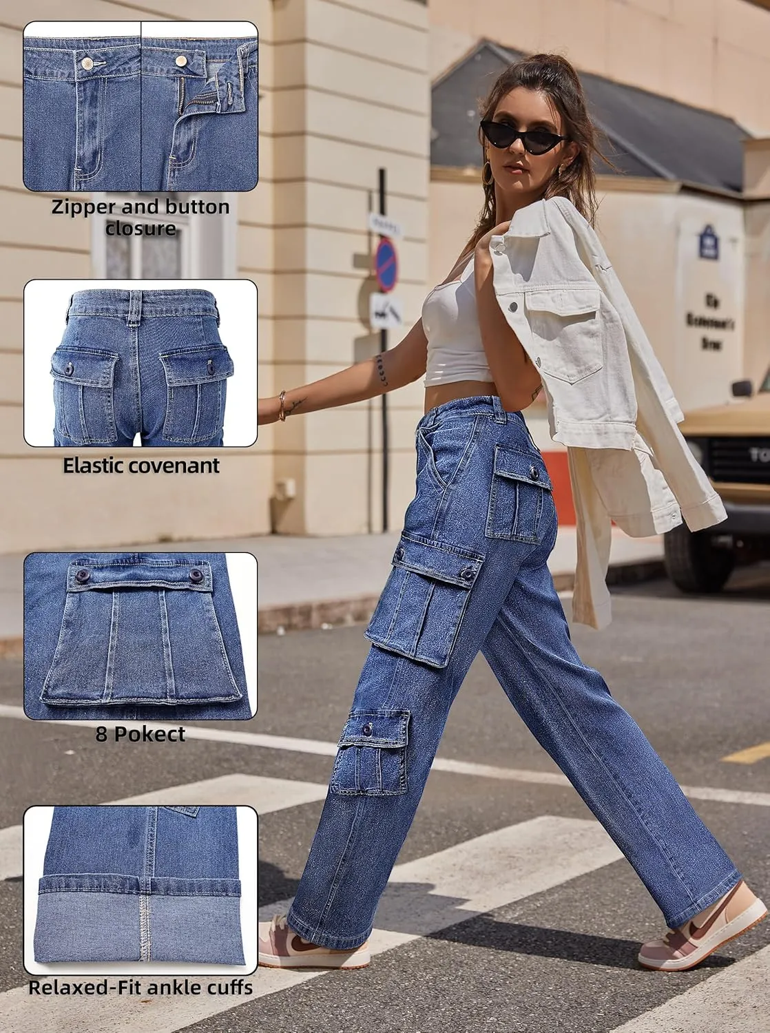 ZMPSIISA Women Pants High Waisted Cargo Pants Combat Military Wide Leg Casual Trousers 8 Pockets