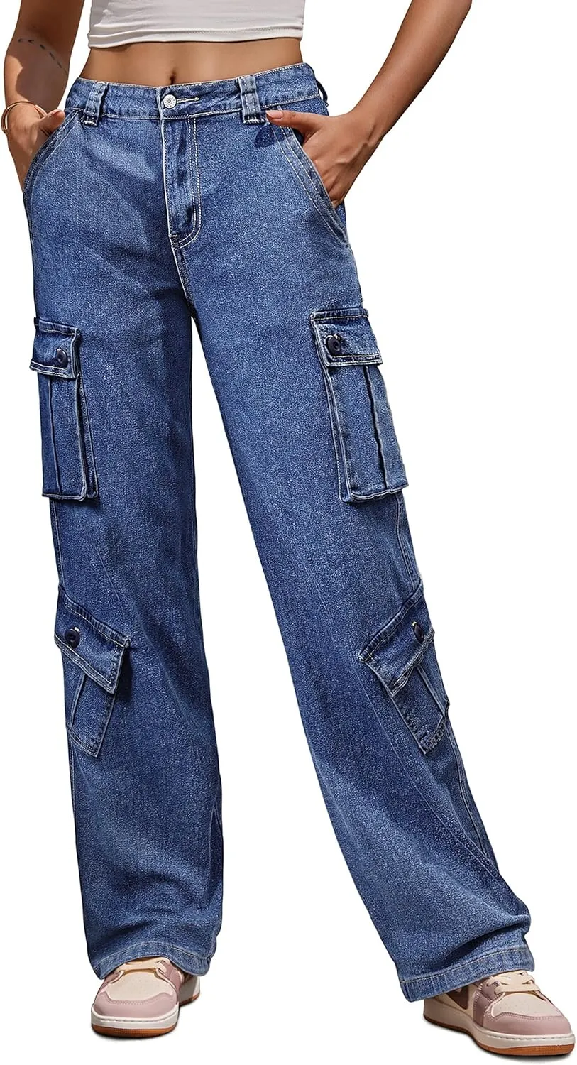 ZMPSIISA Women Pants High Waisted Cargo Pants Combat Military Wide Leg Casual Trousers 8 Pockets